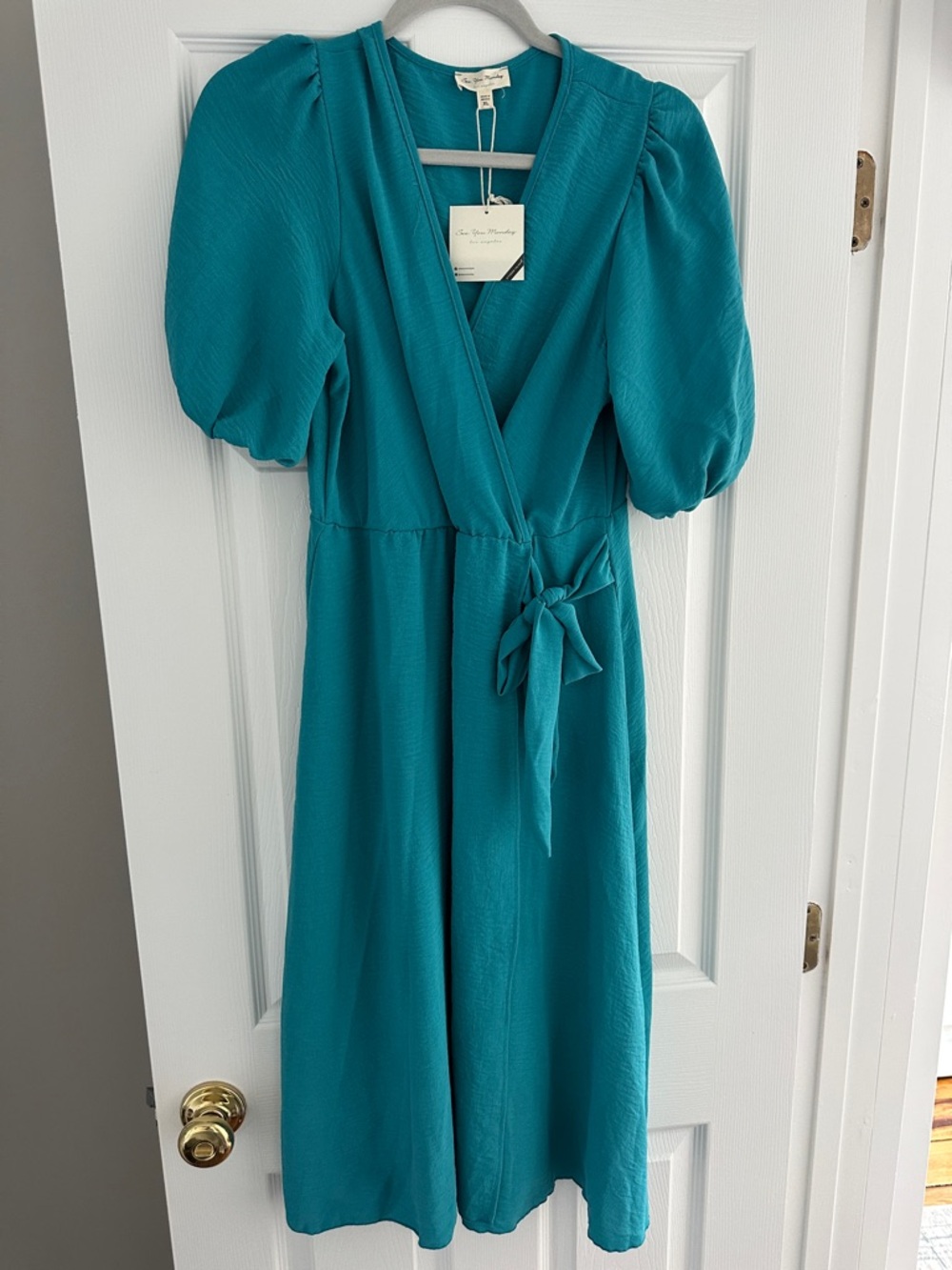 See You Monday Teal Wrap Midi Dress with Puff Sleeves